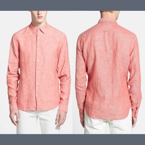 NWT VINCE Linen Chambray Trim Fit‎ Sport Shirt in Red Square [SZ XXL ]